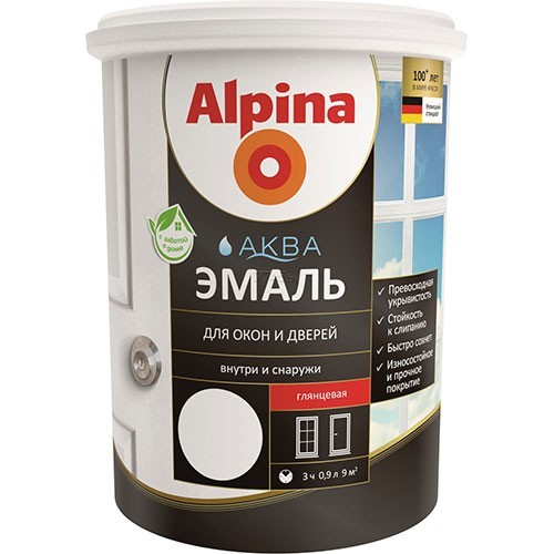 Эмаль акриловая водно-дисперсионная Alpina Аква для окон и дверей глянцевая 0,9 л/1,10 кг в Минске - изображение Изображение: эмаль акриловая водно-дисперсионная alpina аква для окон и дверей глянцевая 0,9 л/1,10 кг в Минске