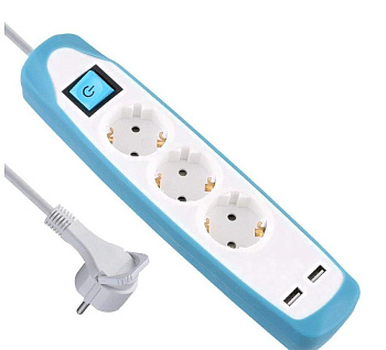 Удлинитель 3Р кабель ПВС 3G1,0 мм 2м с двумя USB разъемами белый/голубой в Минске - картинка Картинка: удлинитель 3р кабель пвс 3g1,0 мм 2м с двумя usb разъемами белый/голубой в Минске